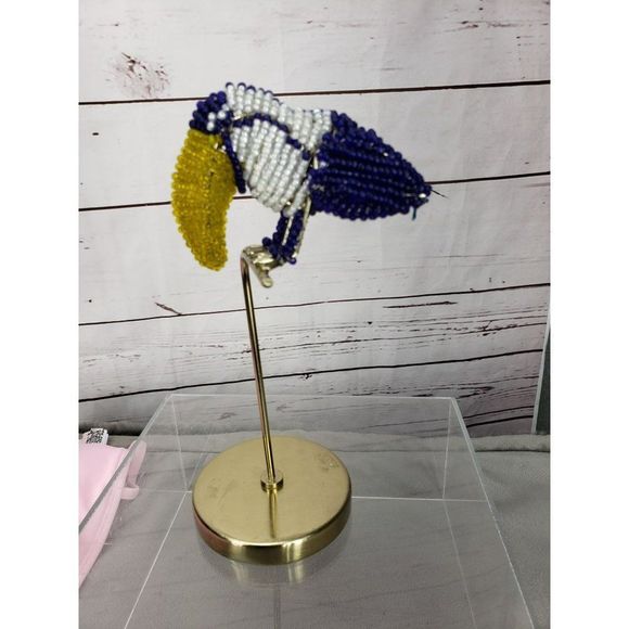 Opal House Blue & White Beaded Bead 8.5" Toucan‎ Figurine Gold Tone perch Stand - Picture 10 of 10